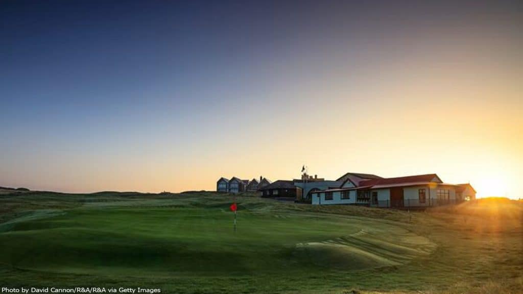 459 yards par 4, 18th hole with the clubhouse behind at Royal Porthcawl Golf Club