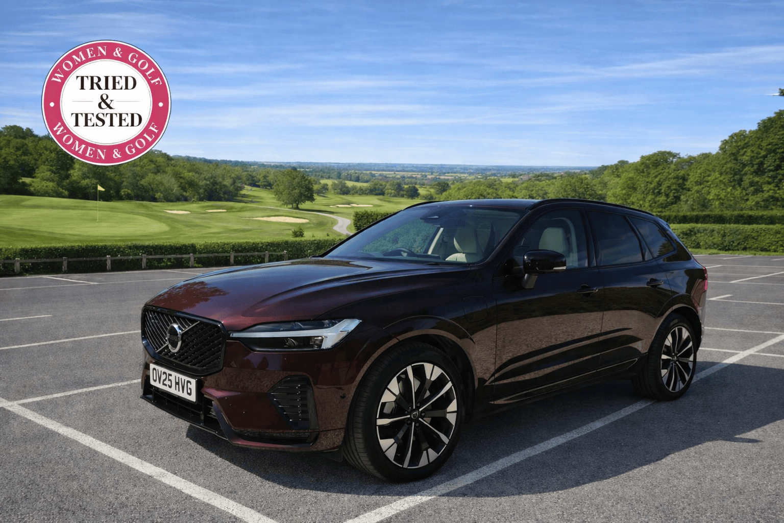 Volvo XC60 parked in a golf club car park, with the Women & Golf Tried & Tested logo attached