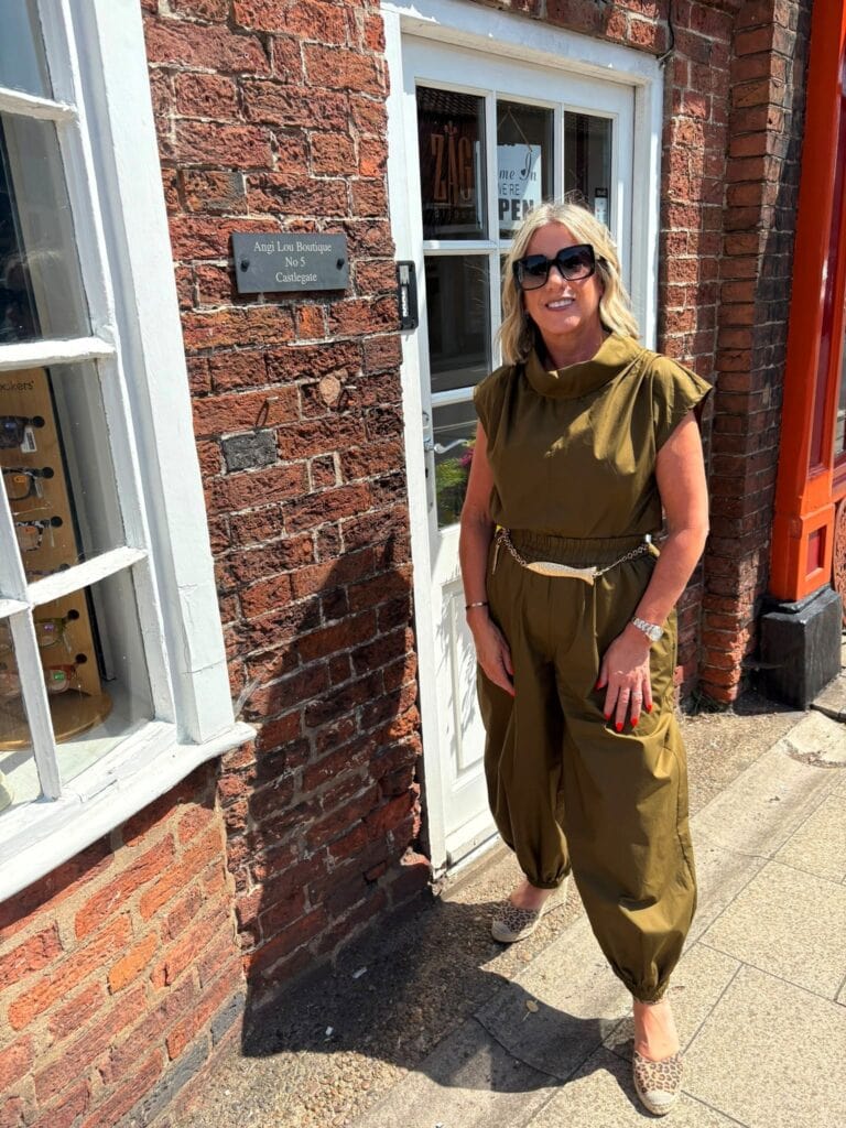 Angie Huddart outside shop