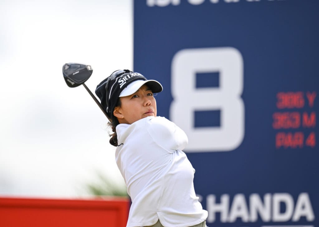 Jenny Shin teeing off at Dundonald Links at the Scottish Women's Open 2026