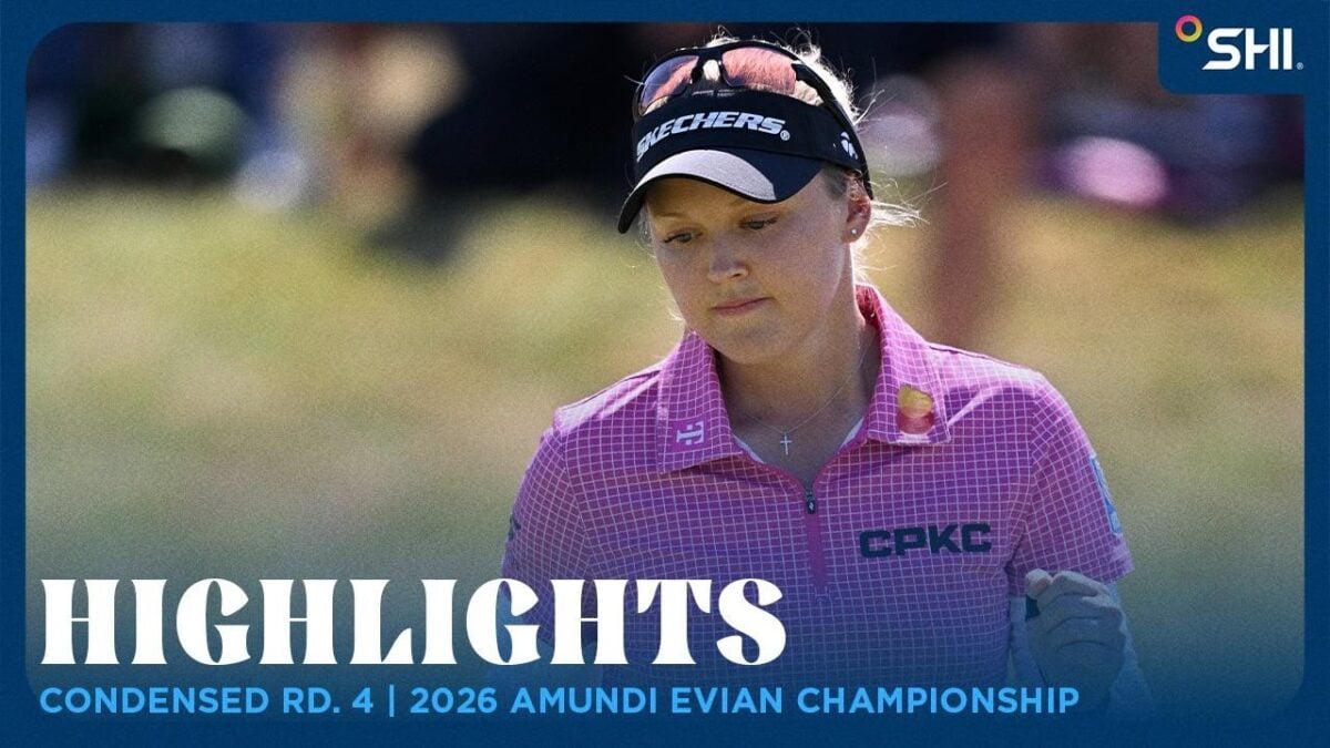 Brooke Henderson, wearing a pink checkered shirt and black visor, looks down in frustration during the final round of the 2026 Amundi Evian Championship, framed within a blue highlight graphic with tournament branding.