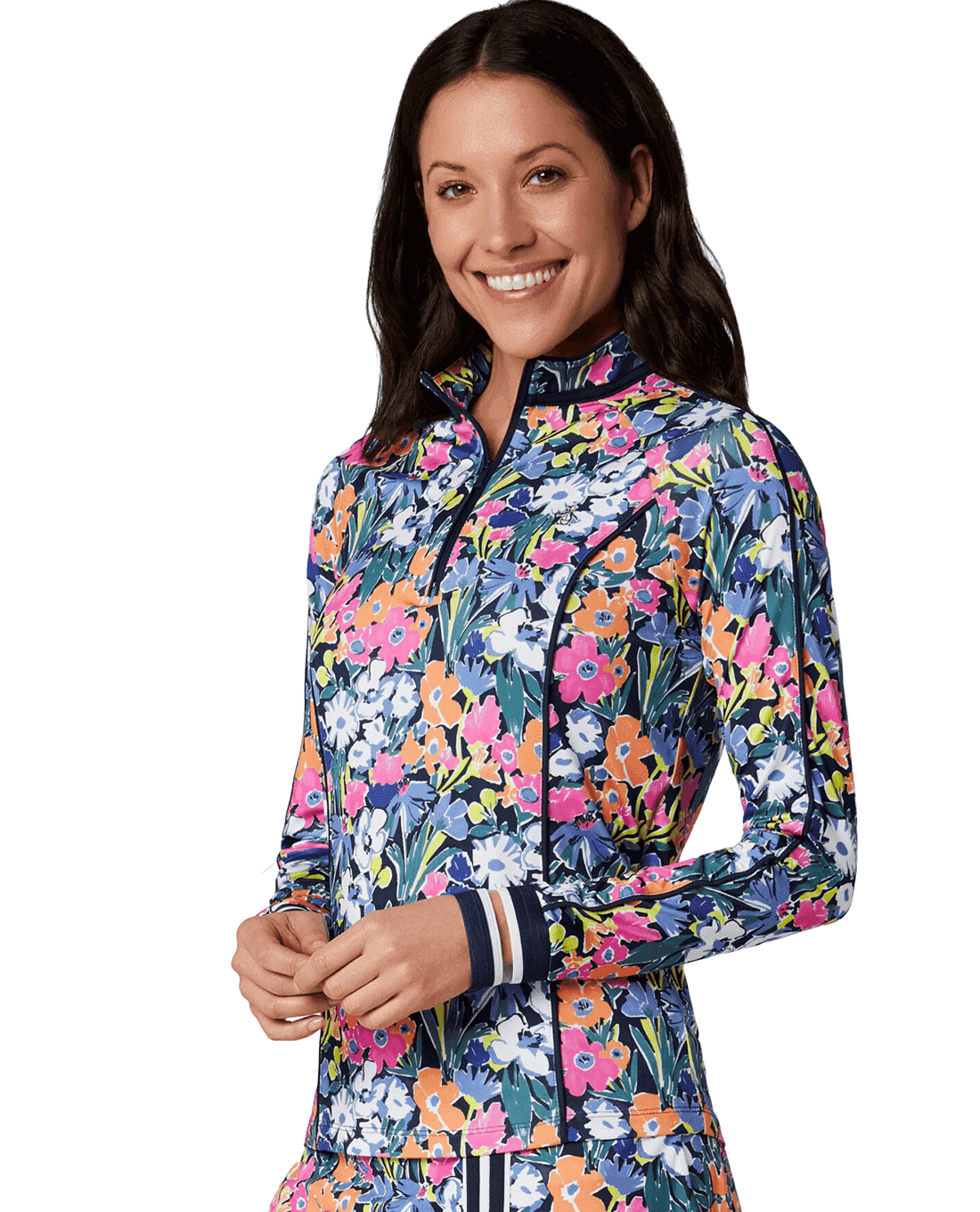 A person wears an Original Penguin long‑sleeve sun‑protection polo featuring a dense, colourful floral print with dark piping, a high zip collar, and striped cuffs.
