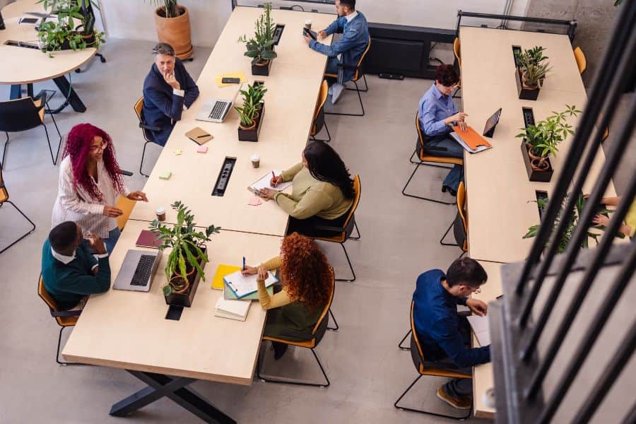 Top view of diverse team collaborating at tables with laptops and plants in modern coworking office.