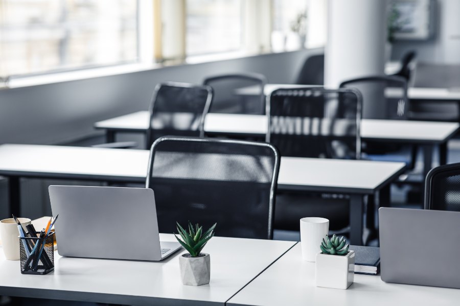 Empty coworking-style office with laptops, chairs, and desk plants.