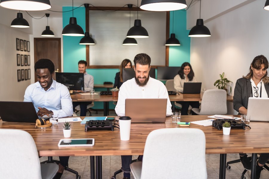 Team working together in a shared office with laptops and desk lamps.