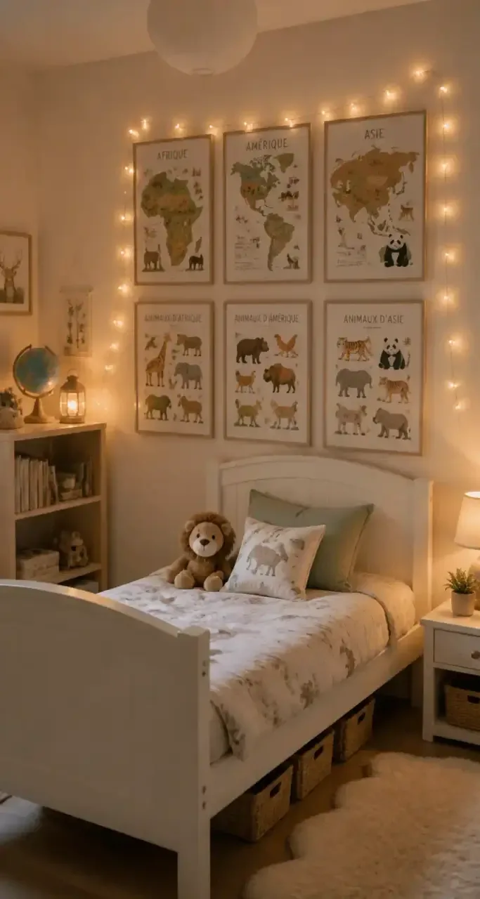 Chambre d'enfant avec affiches éducatives des continents