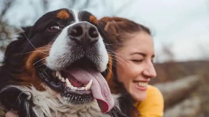 Woman embracing her dog with love and care, showcasing the bond between pet and owner during their relocation journey.
