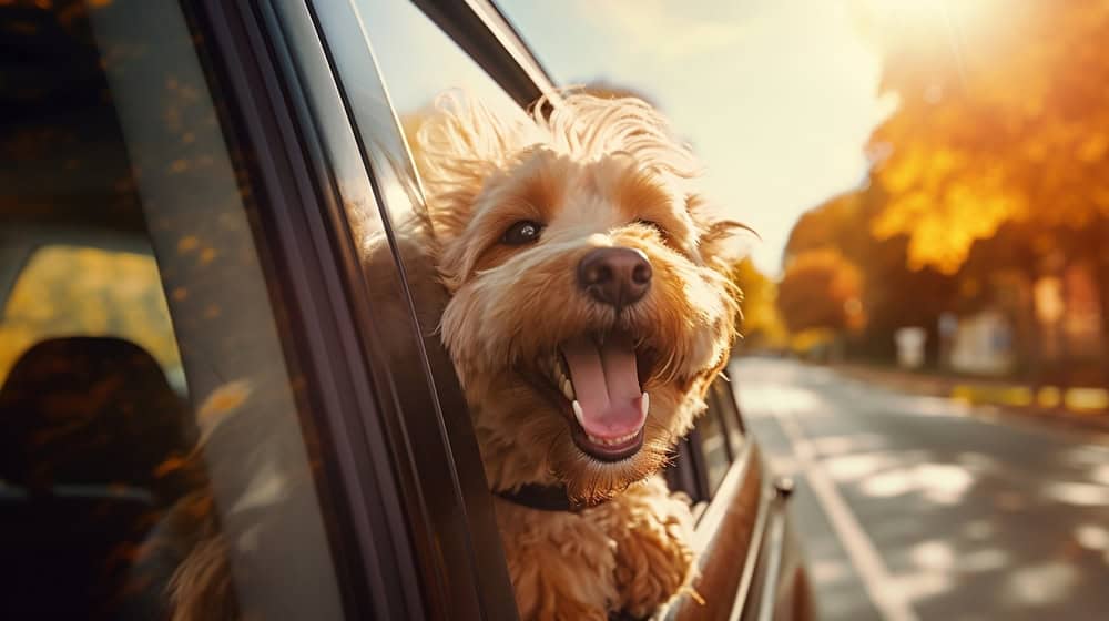 Happy dog with its head out of a car window, enjoying the breeze on the way to its new home.