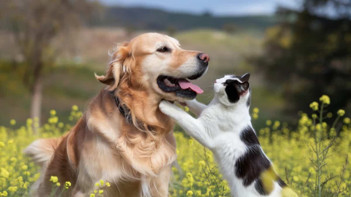 A friendly cat and dog playing together, symbolizing the stress-free and safe experience of pet relocation.