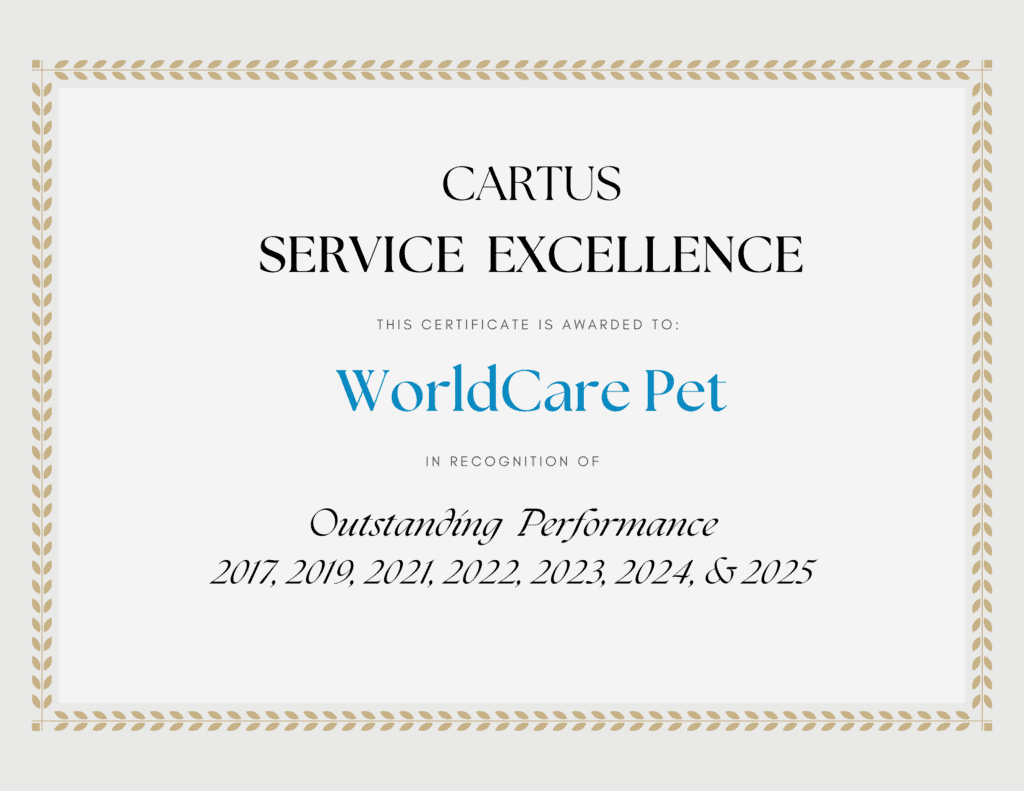 Cartus Service Excellence Award certificate presented to WorldCare Pet for outstanding pet transport performance in 2017, 2019, 2021, 2022, 2023, 2024, and 2025.