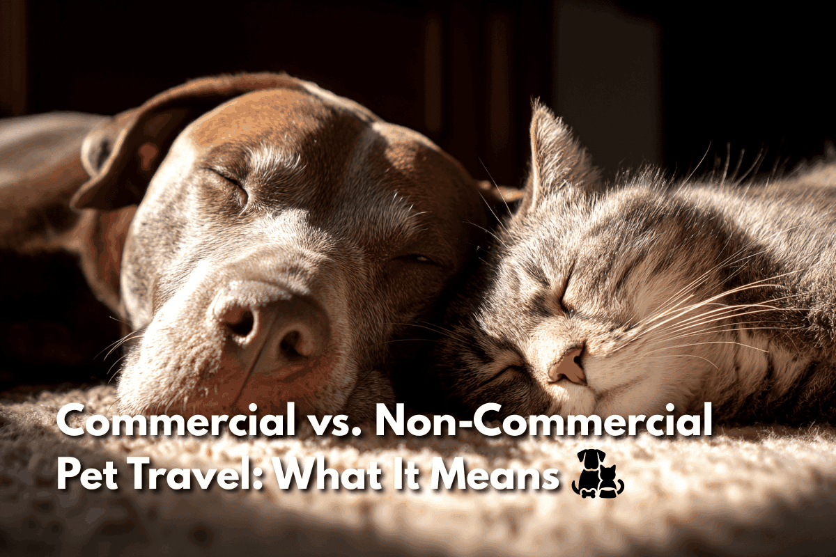 A dog and cat sleep close together, faces resting side by side in warm sunlight. Text reads 'Commercial vs. Non-Commercial Pet Travel: What It Means' with a dog and cat icon