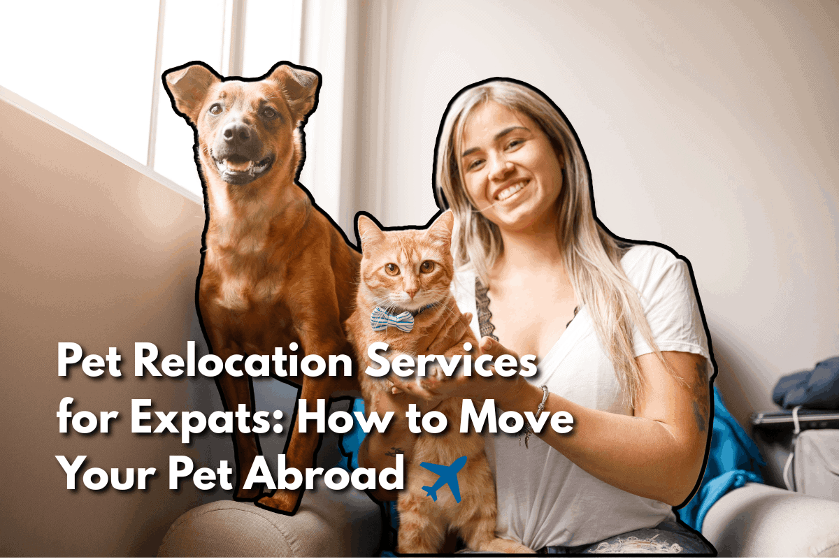 Woman smiling with her dog and cat, with text overlay reading 'Pet Relocation Services for Expats: How to Move Your Pet Abroad' and an airplane icon.