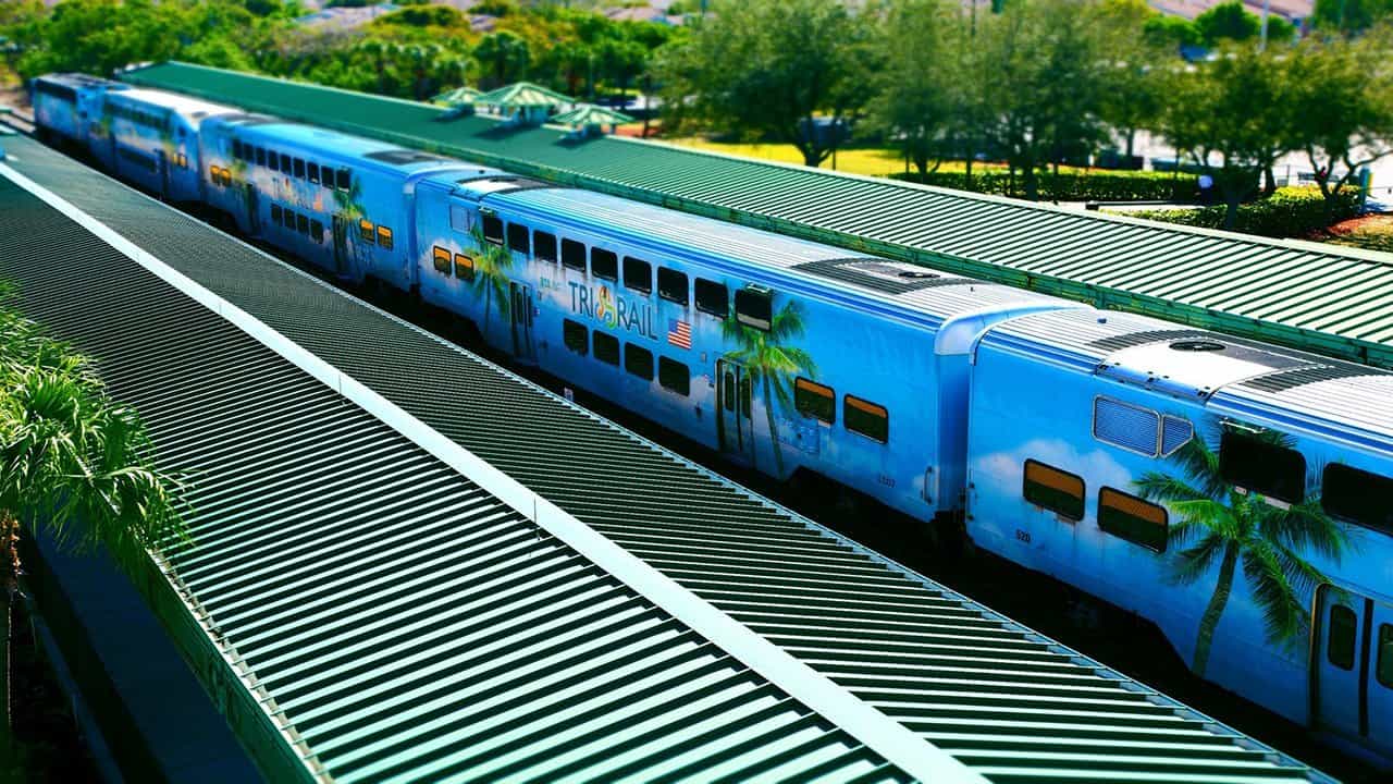 Tri-Rail stopping at station in West Palm Beach, Florida
