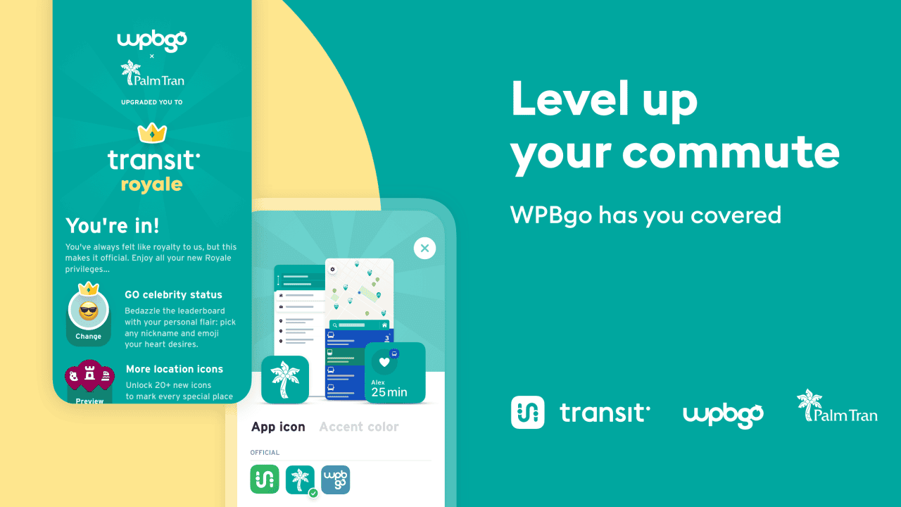 Mobile app interface showing transit and PalmTran features for commute planning.