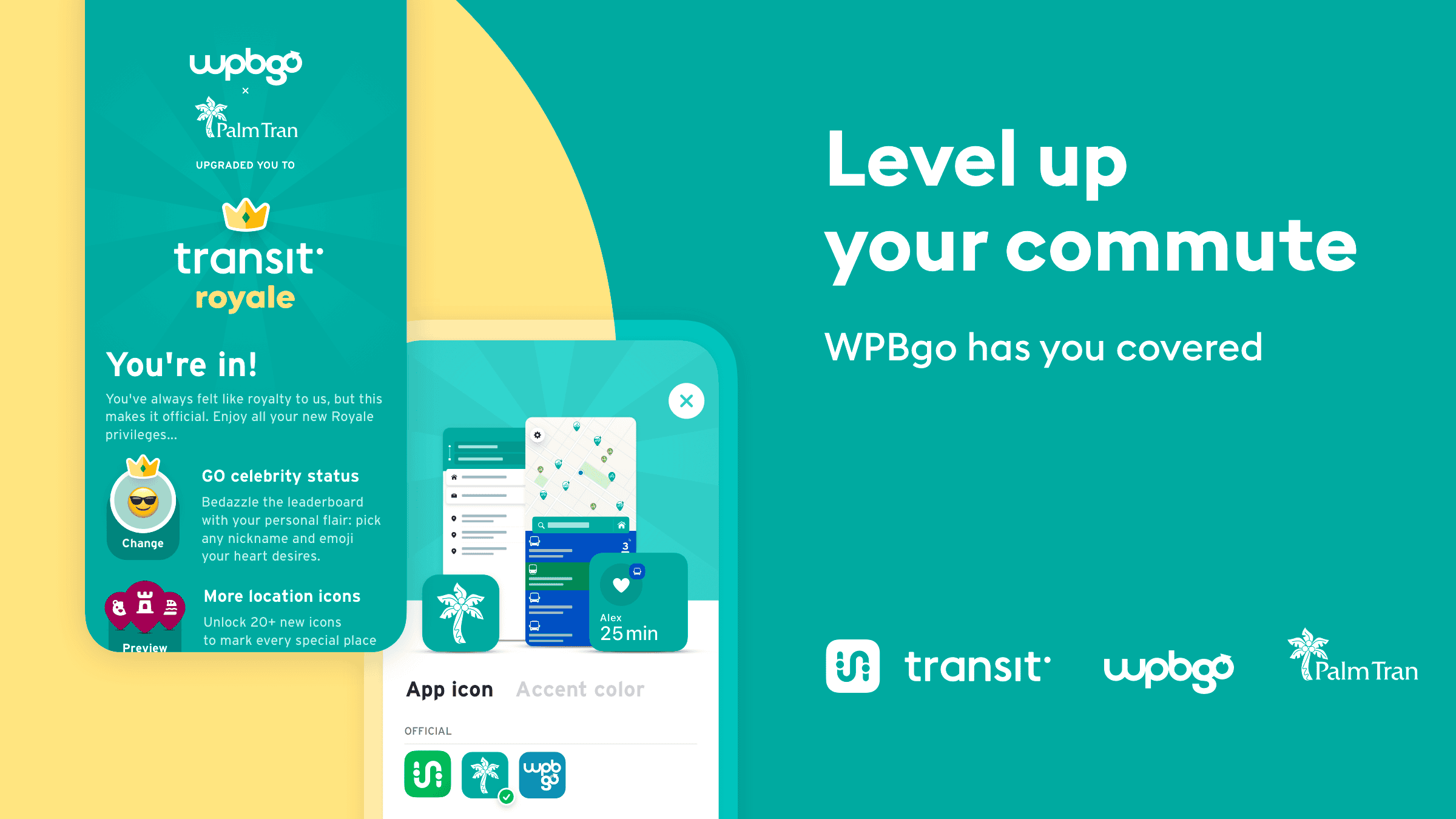 Mobile app interface showing transit and PalmTran features for commute planning.