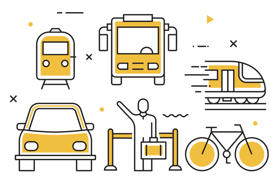 Collection of transportation icons including train, bus, tram, car, cyclist, and bicycle.