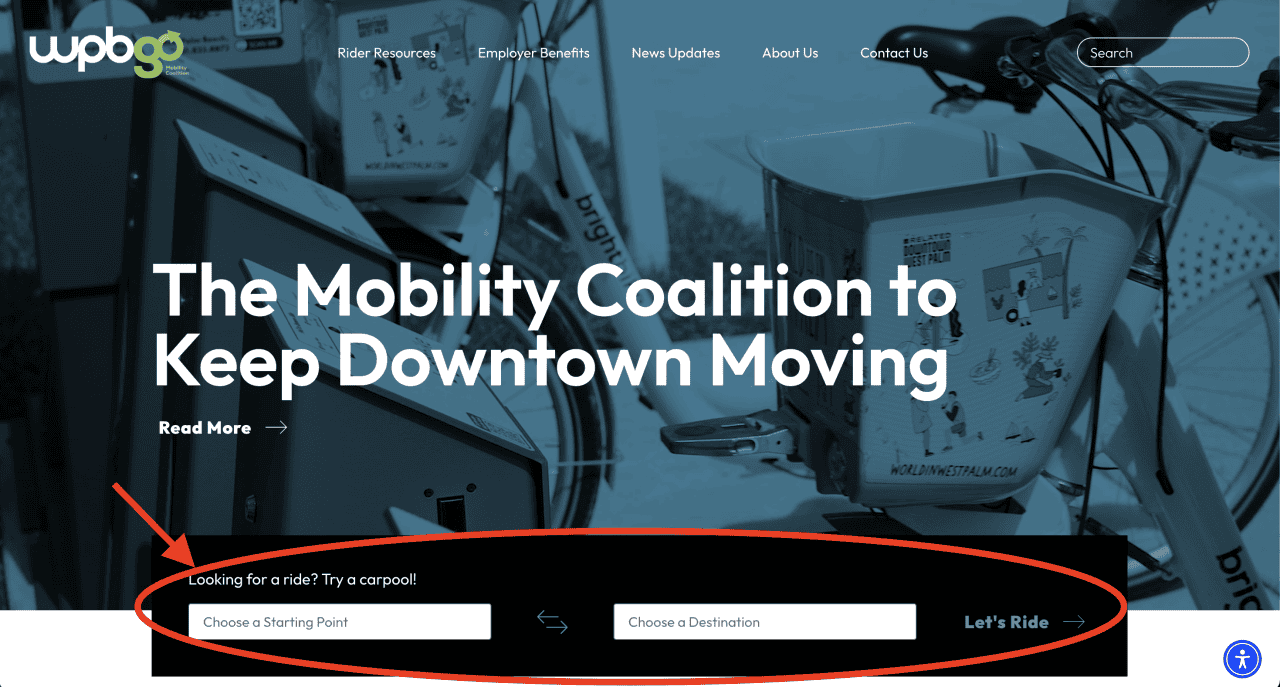 Image of the WPBgo website with the carpool matching tool circled in red.