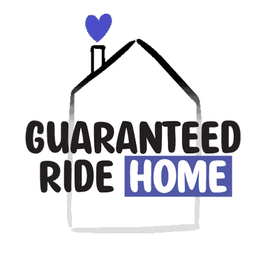 Drawing of a house with words in front saying Guaranteed Ride Home