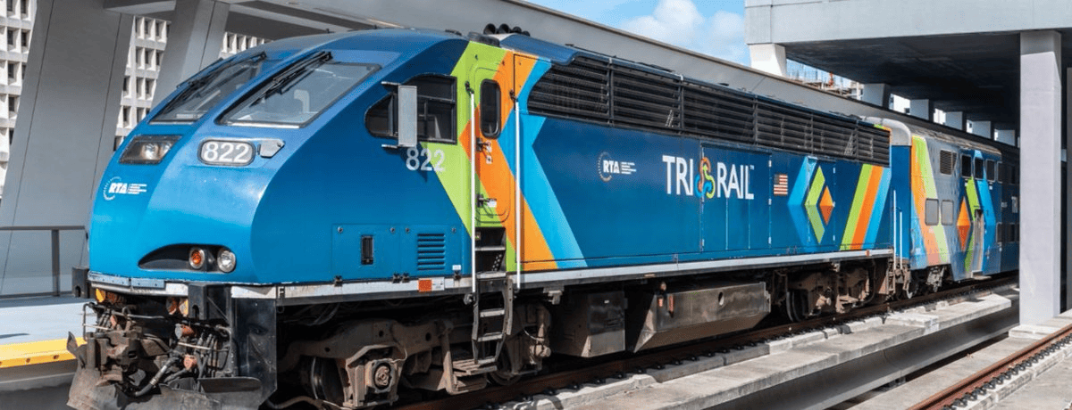 Tri-Rail engine with the new chevron look in a bright blue color