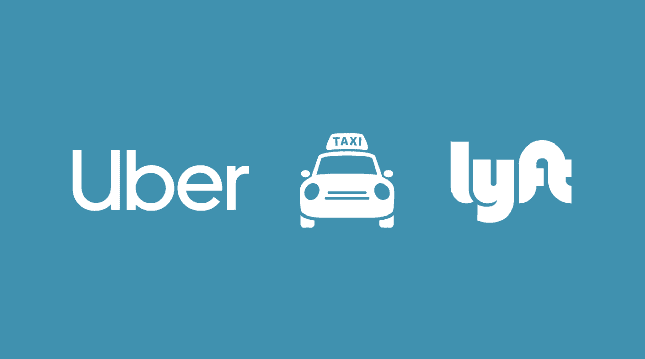 Uber, Lyft, and taxi icons on a blue background representing transportation services.