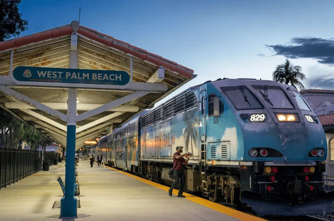 Tri-Rail Train arrives early. in the morning at the West Palm Beach Station.