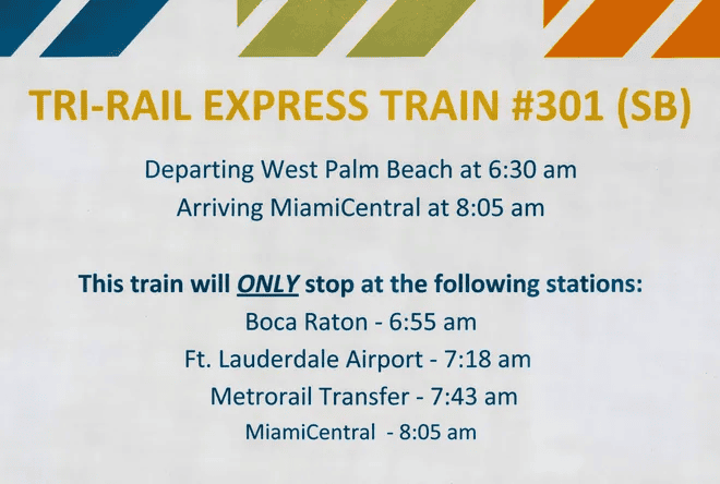 Sign disclosing the Express Train service times and stops