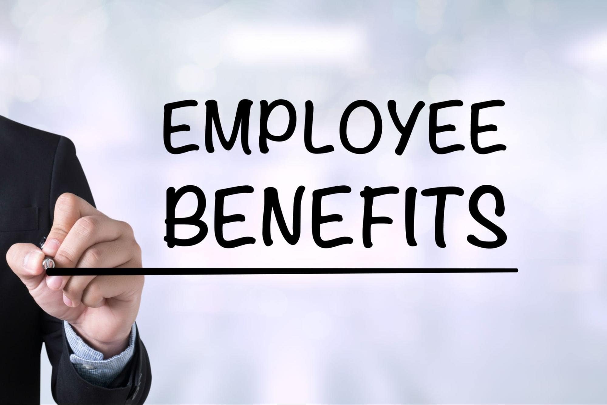 Handwriting Employee Benefits on transparent background for HR and workplace topics.
