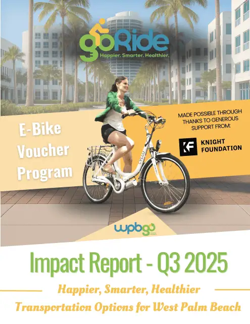 Woman riding an e-bike in West Palm Beach for WPBgo impact report Q3 2025.