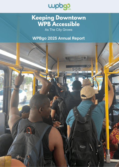 Crowded bus with diverse passengers, promoting accessible downtown WPB transportation.