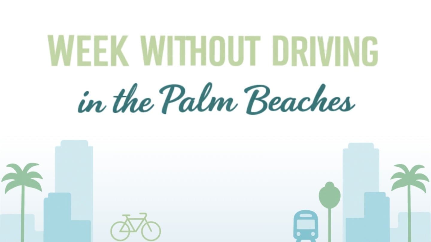 Palm Beach skyline with bicycles and palm trees promoting a week without driving.