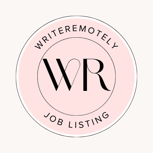 A stylish circular logo with a soft pink background and a bold black 'WR' monogram in the center, representing 'Write Remotely.' The outer ring of the logo features the text 'WRITEREMOTELY' at the top and 'JOB LISTING' at the bottom, emphasizing its focus on remote job opportunities for writers. The elegant design conveys professionalism and flexibility, aligning with the growing demand for remote writing jobs in 2025.