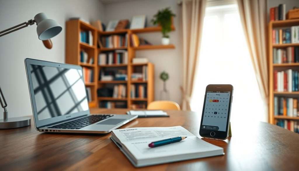 A focused young woman working remotely at a modern home office, using a laptop and tablet for digital tasks. She exhibits adaptability and time management, two of the 5 Soft Skills That Are in High Demand 2025, essential for success in remote work.