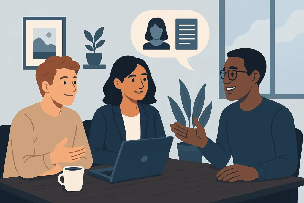 Illustration of a business meeting with three diverse professionals two men and one woman engaged in a discussion around a laptop, with a speech bubble showing a female profile and document icon, symbolizing talent scouting or hiring through the Writers Directory: The Bridge Between Talent and Business platform, which connects companies with qualified writing talent in a collaborative environment.