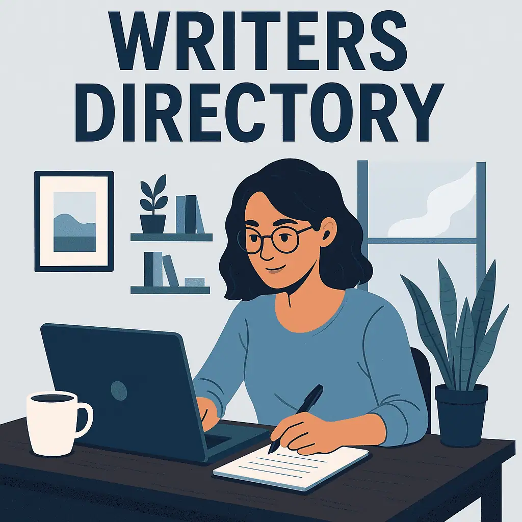 Illustration of a smiling female writer with glasses working at a desk with a laptop and notepad, surrounded by bookshelves, indoor plants, and a coffee mug, beneath the bold heading "Writers Directory" — representing the concept of Writers Directory: The Bridge Between Talent and Business by showcasing a productive and creative writing professional in a home office setting.