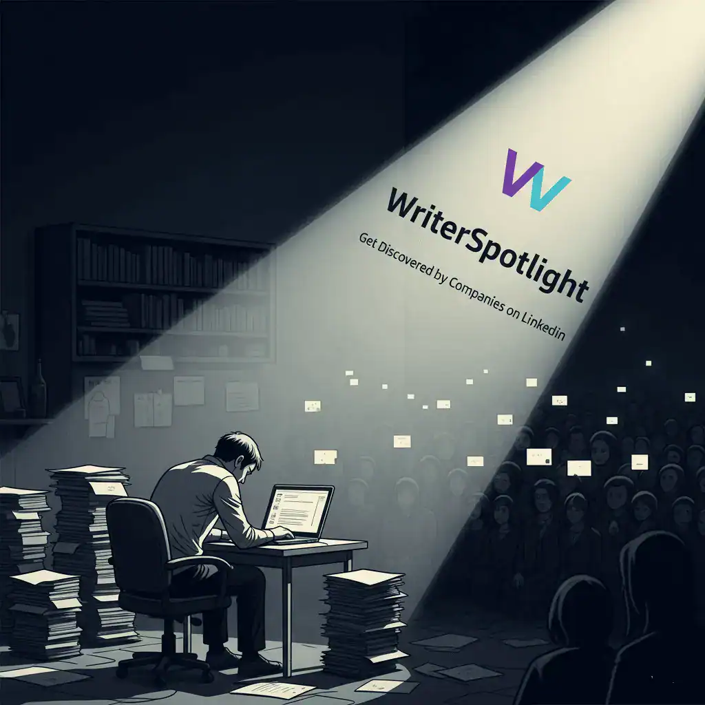 A stylized image showing a lone writer in a dimly lit room, hunched over a laptop, surrounded by stacks of papers, symbolizing the struggle for visibility. A bright spotlight shines on the "WriterSpotlight" logo, highlighting the service's role in helping writers get discovered by companies on LinkedIn.