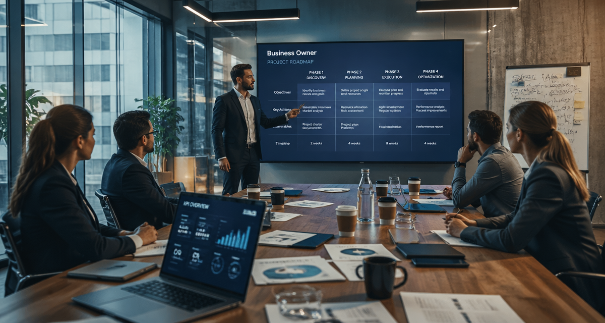 business owner présentant une roadmap projet en salle de réunion