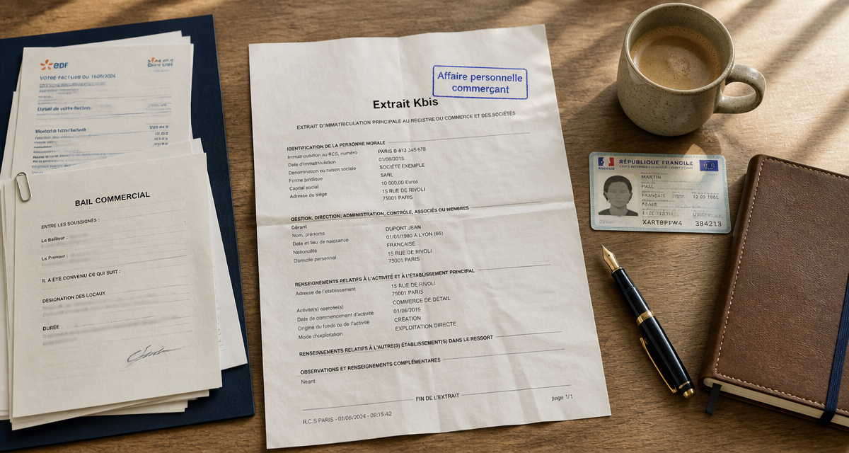 Affaire personnelle commerçant, Kbis et documents sur bureau