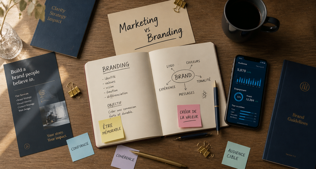 Marketing branding sur bureau moderne avec carnet et post-its