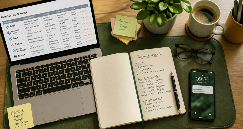 bureau travail en ligne à domicile avec ordinateur et carnet
