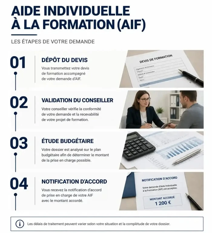 Infographie du processus de demande d'Aide Individuelle à la Formation (AIF) auprès de France Travail