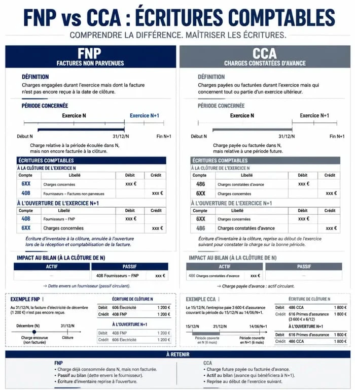 Infographie comparative entre facture non parvenue et charge constatée d'avance pour la comptabilisation