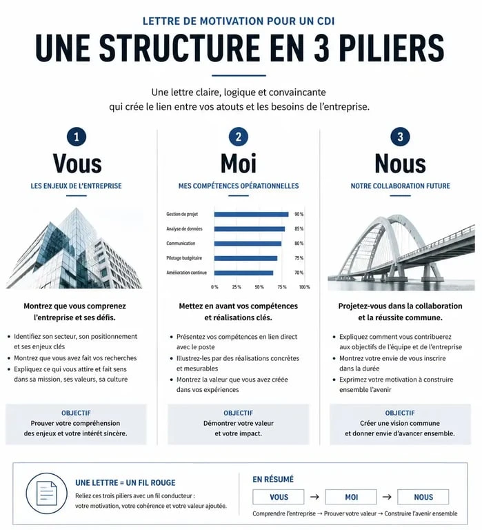 Infographie illustrant la structure idéale d'une lettre de motivation pour un CDI : Vous, Moi, Nous.