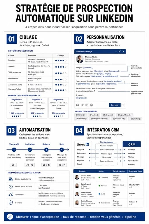 Infographie sur la stratégie de prospection automatique LinkedIn pour générer des leads B2B