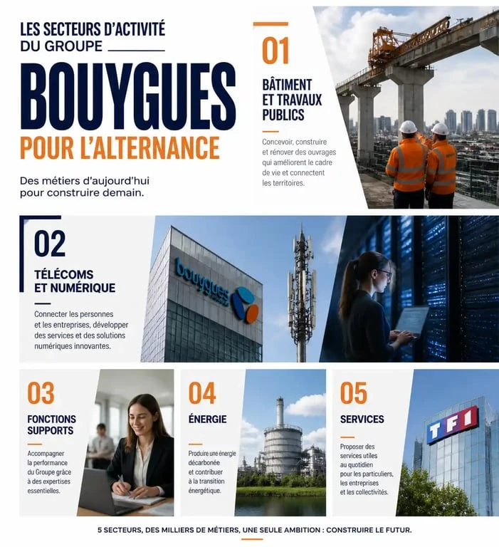 Infographie des secteurs d'activité pour une alternance chez Bouygues