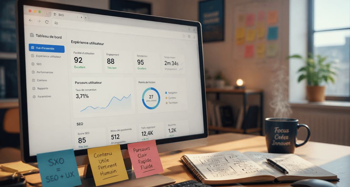 SEO UX sur écran d’ordinateur dans bureau moderne