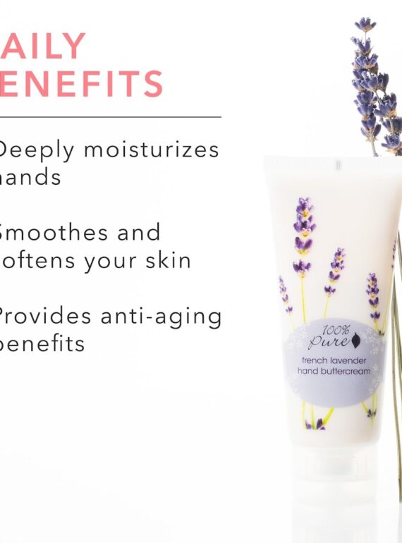 Lavender hand buttercream with natural ingredients, deeply moisturizing, smooths skin, and offers anti-aging benefits, ideal for daily skin care routines.