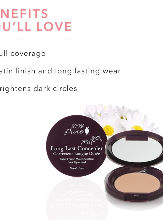 Natural long-lasting concealer from 100% Pure, with super fruits, water resistance, and pigmented formula, perfect for brightening dark circles and full coverage.