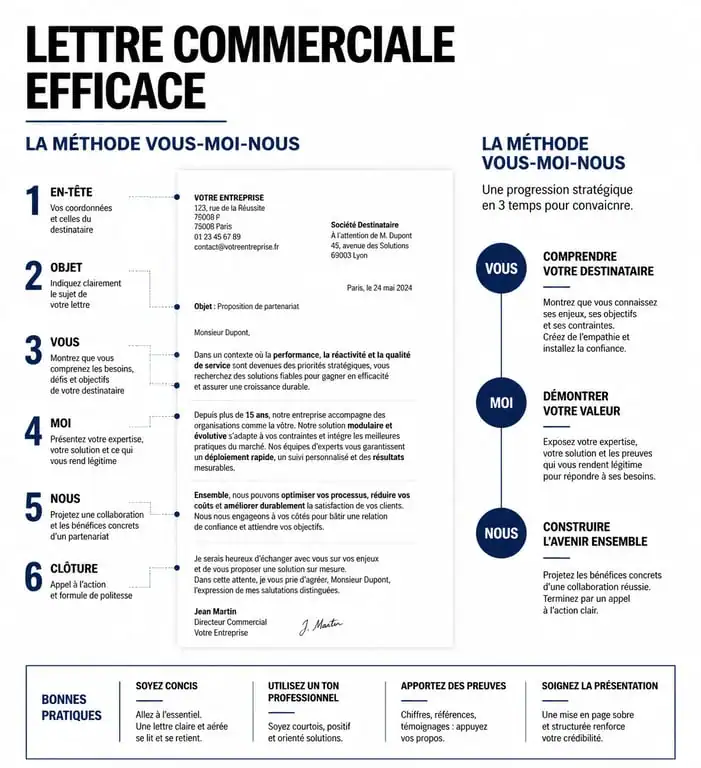 Structure d'une lettre commerciale efficace avec la méthode Vous-Moi-Nous