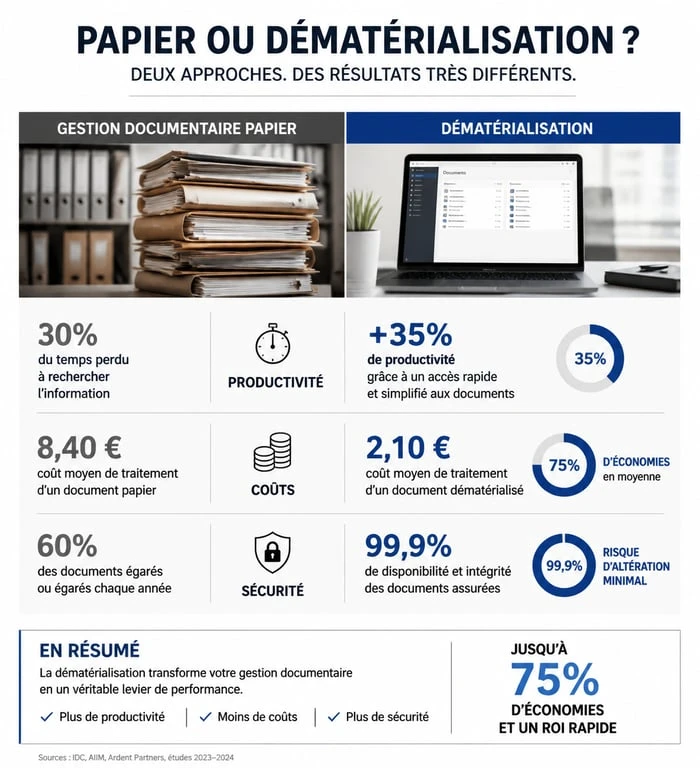 Tableau comparatif des avantages et inconvénients de la dématérialisation vs gestion papier en entreprise