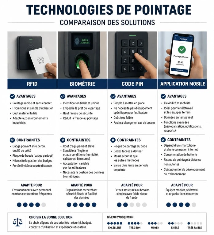 Comparatif des technologies de pointeuse badgeuse : RFID, biométrie et mobile